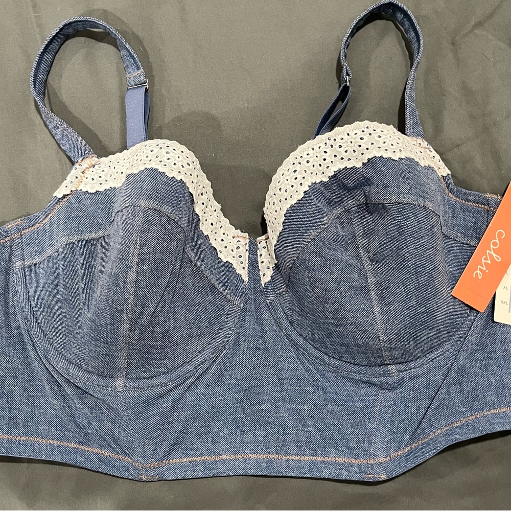 Blue Denim Bra with White Lace Trim